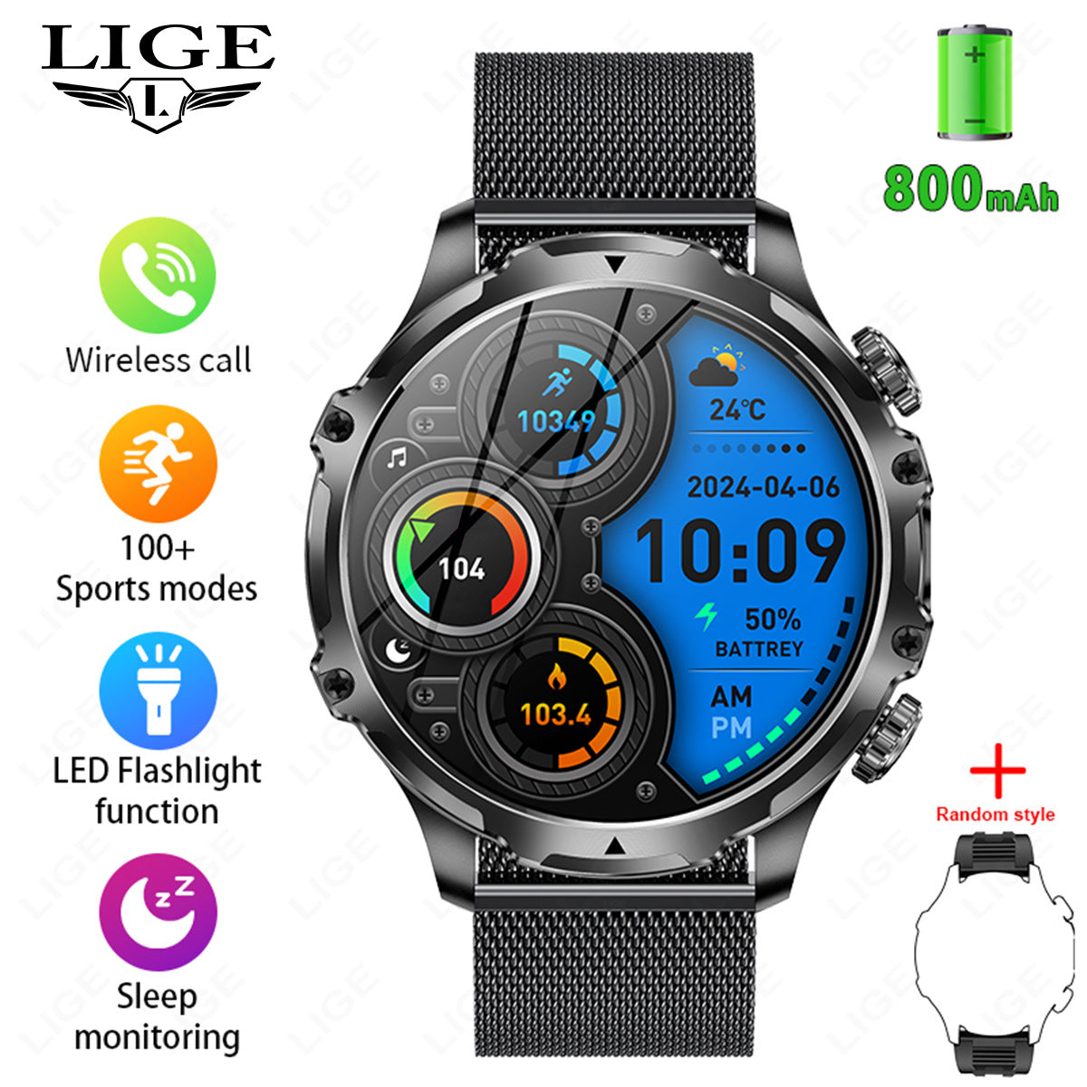 LIGE AK75 Smart Watch LED Flashlight 800mAh Battery Waterproof.

