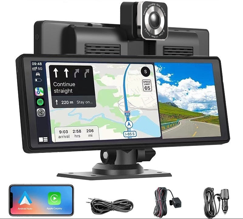 Wireless CarPlay dash cam kit with 10.26 inch touchscreen, front and rear camera, suction mount and power cable.