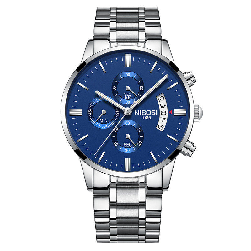 NIBOSI 1985 men's quartz watch stainless steel 43mm premium design.
