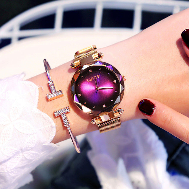 LSVTR lazy magnetic mesh strap rose gold alloy auto-fit women's fashion watch mineral glass.
