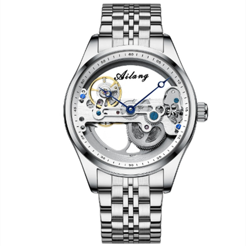 Ailang automatic watch rose gold case leather strap skeleton dial transparent caseback luminous men gift.
