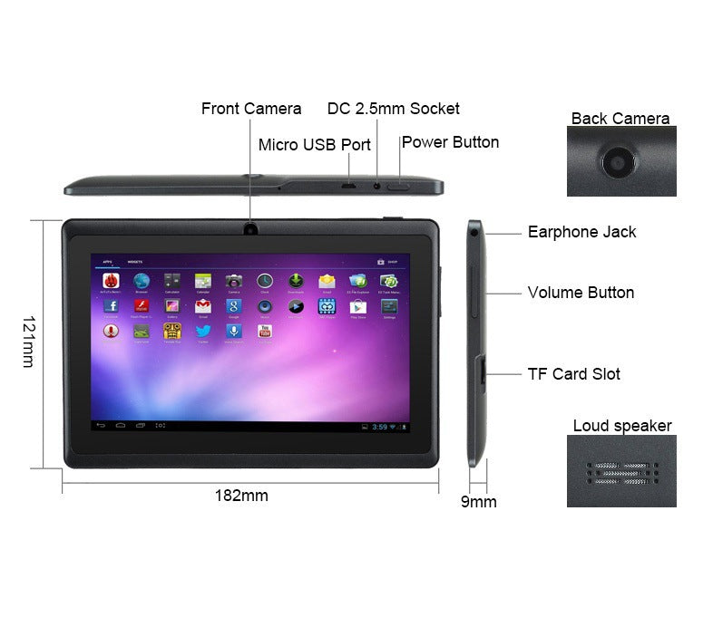 Kids Tablet 7" Dimensions 182x121mm | Front Back Camera | USB Micro Port | TF Card Slot.
