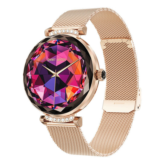 Women's smartwatch bronze steel strap with colorful gemstone dial face.
