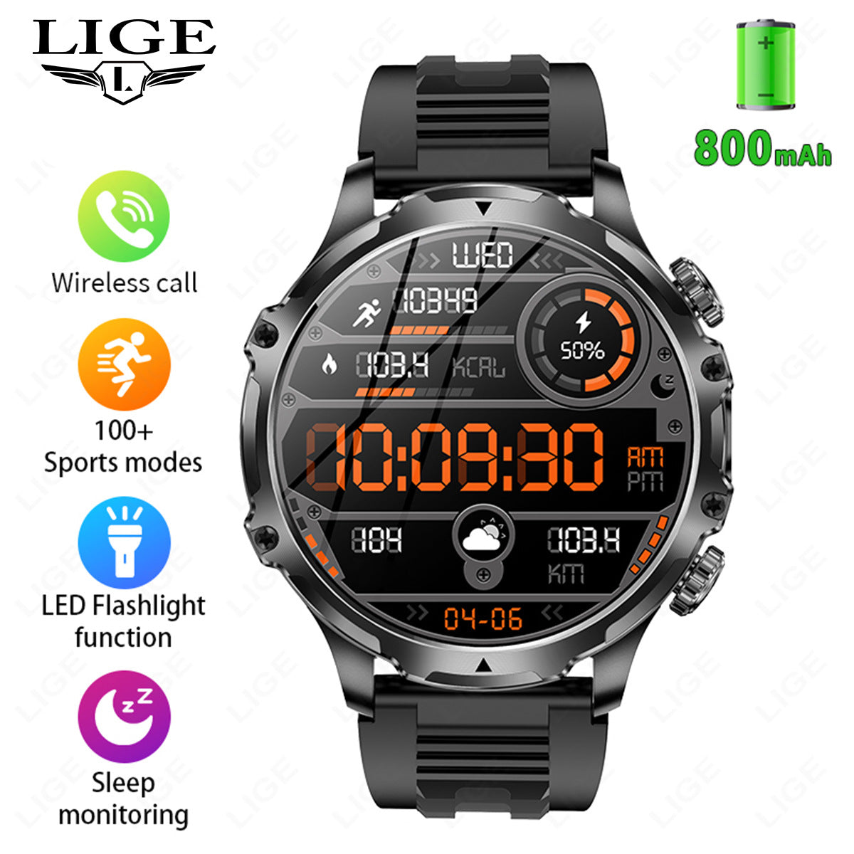 LIGE AK75 Fitness Smartwatch Mesh Belt Black Sports Tracking.
