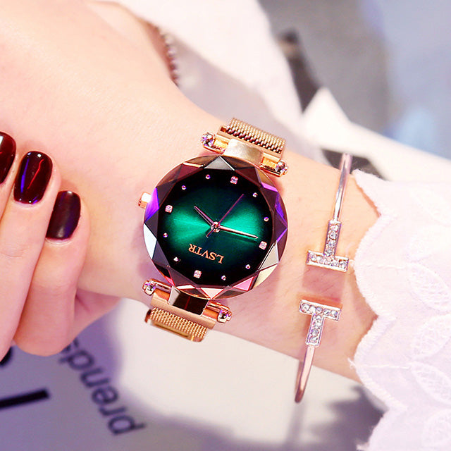 LSVTR 3D diamond-cut faceted dial starry sky effect rose gold quartz women's fashion luxury watch.

