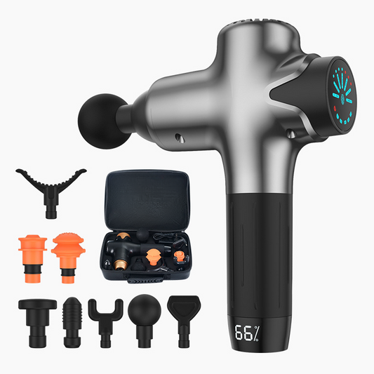 Electric muscle massager with adjustable vibration - deep tissue percussion therapy device.
