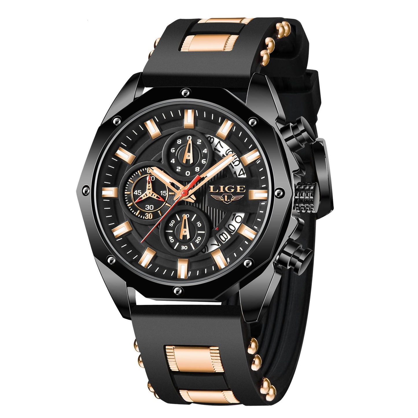 LIGE men's luxury sport watch wrist 46mm bold dial quartz luminous waterproof dress watch.

