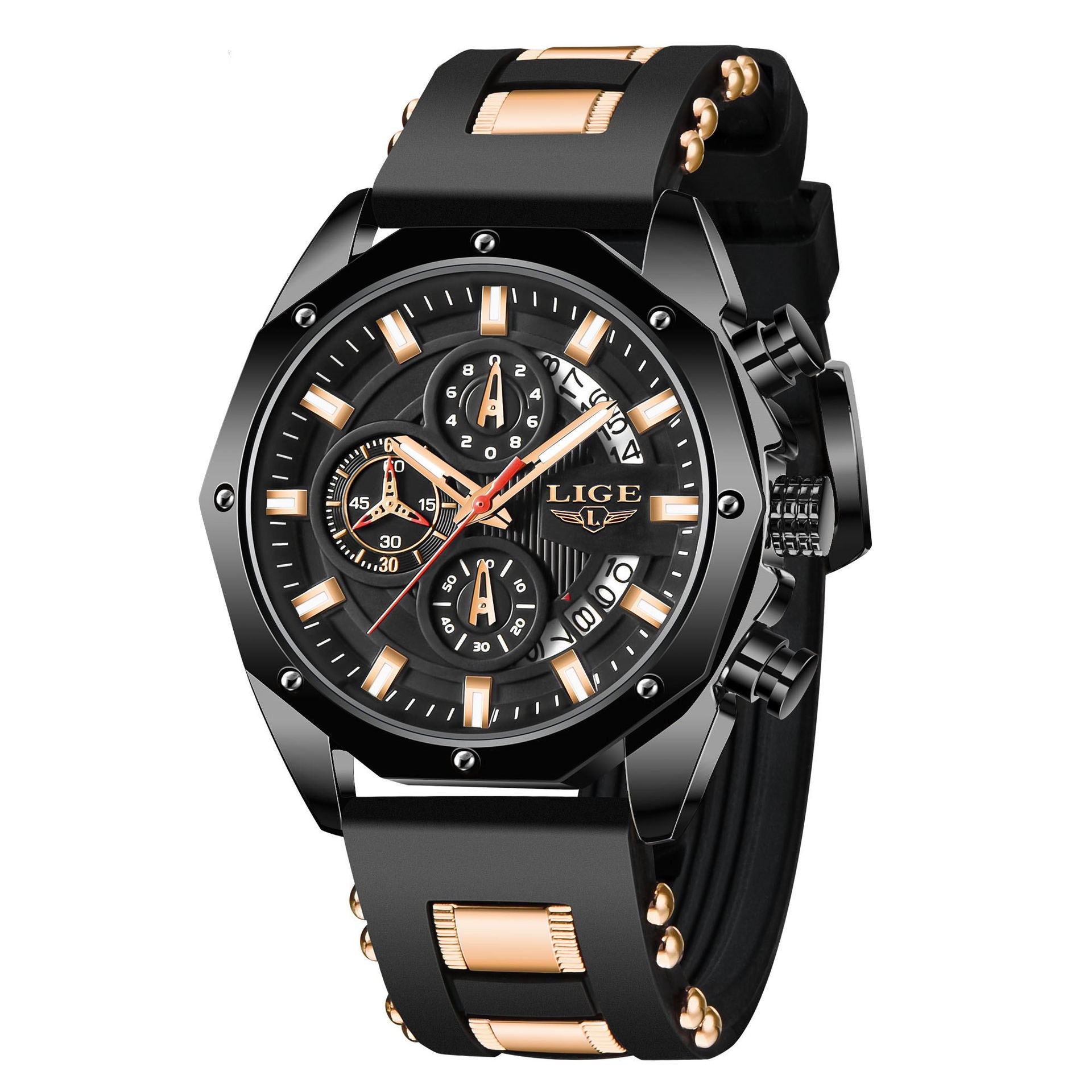 LIGE men's luxury sport watch wrist 46mm bold dial quartz luminous waterproof dress watch.
