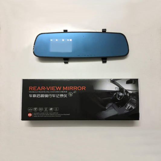 Rear-View Mirror Dash Cam and Traveling Data Recorder with blue-tinted mirror, built-in digital display showing time and date, and retail packaging box.