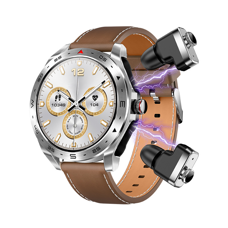 T95 2-in-1 smartwatch silver case brown leather strap TWS earbuds Bluetooth watch.
