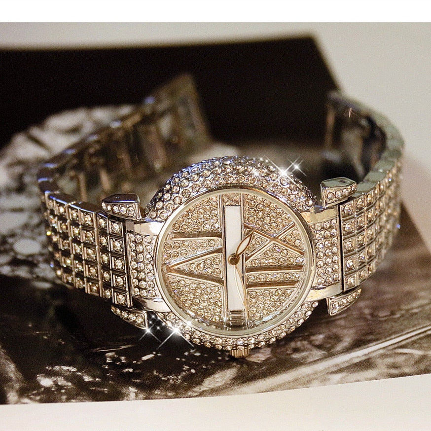 Women fashion watch stainless steel bracelet quartz movement hook buckle clasp luxury diamond style.
