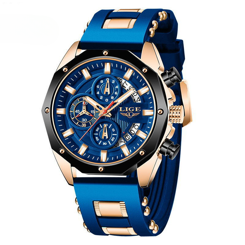 LIGE LG8908 men's luxury sport chronograph watch quartz waterproof 30M luminous silicone strap 7 colors.