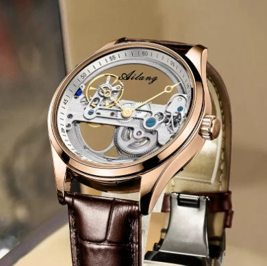 Ailang automatic mechanical watch gold case silicone strap skeleton dial luminous waterproof men's watch.
