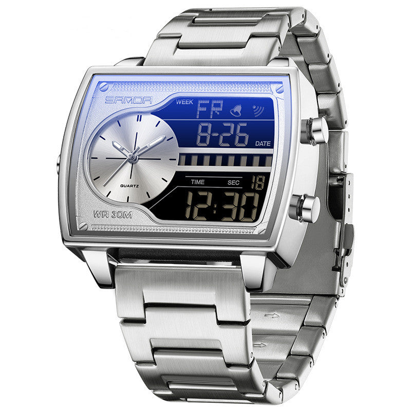 SANDA mens business watch steel belt silver black waterproof quartz dial.
