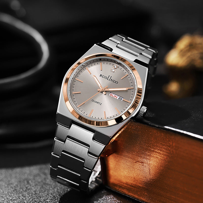 RUOLINDO Double Calendar Men's Watch Full Silver Stainless Steel Quartz.
