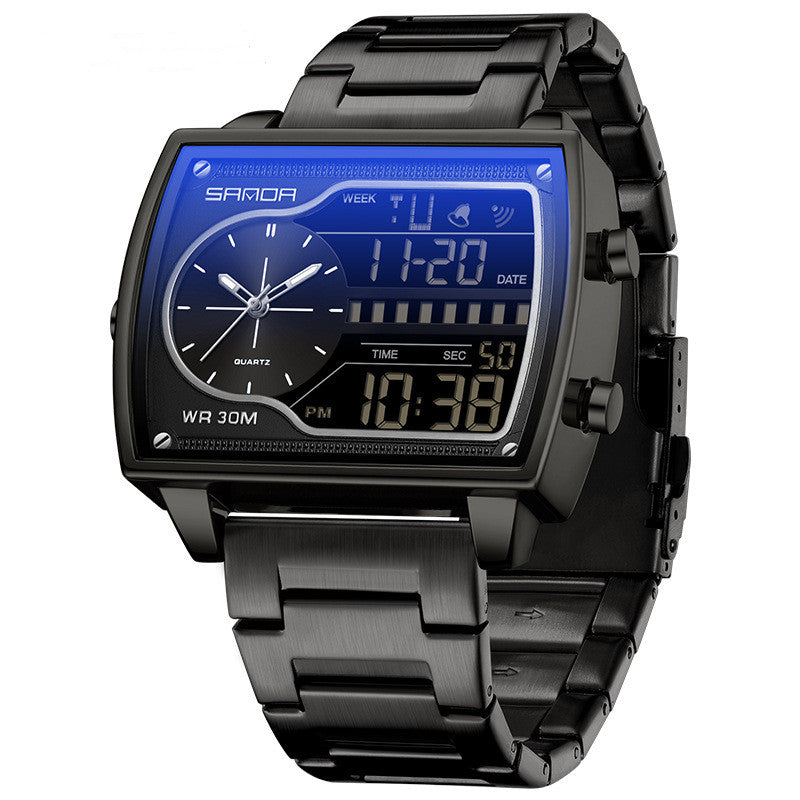 SANDA mens watch steel belt gold black dial quartz business casual style.
