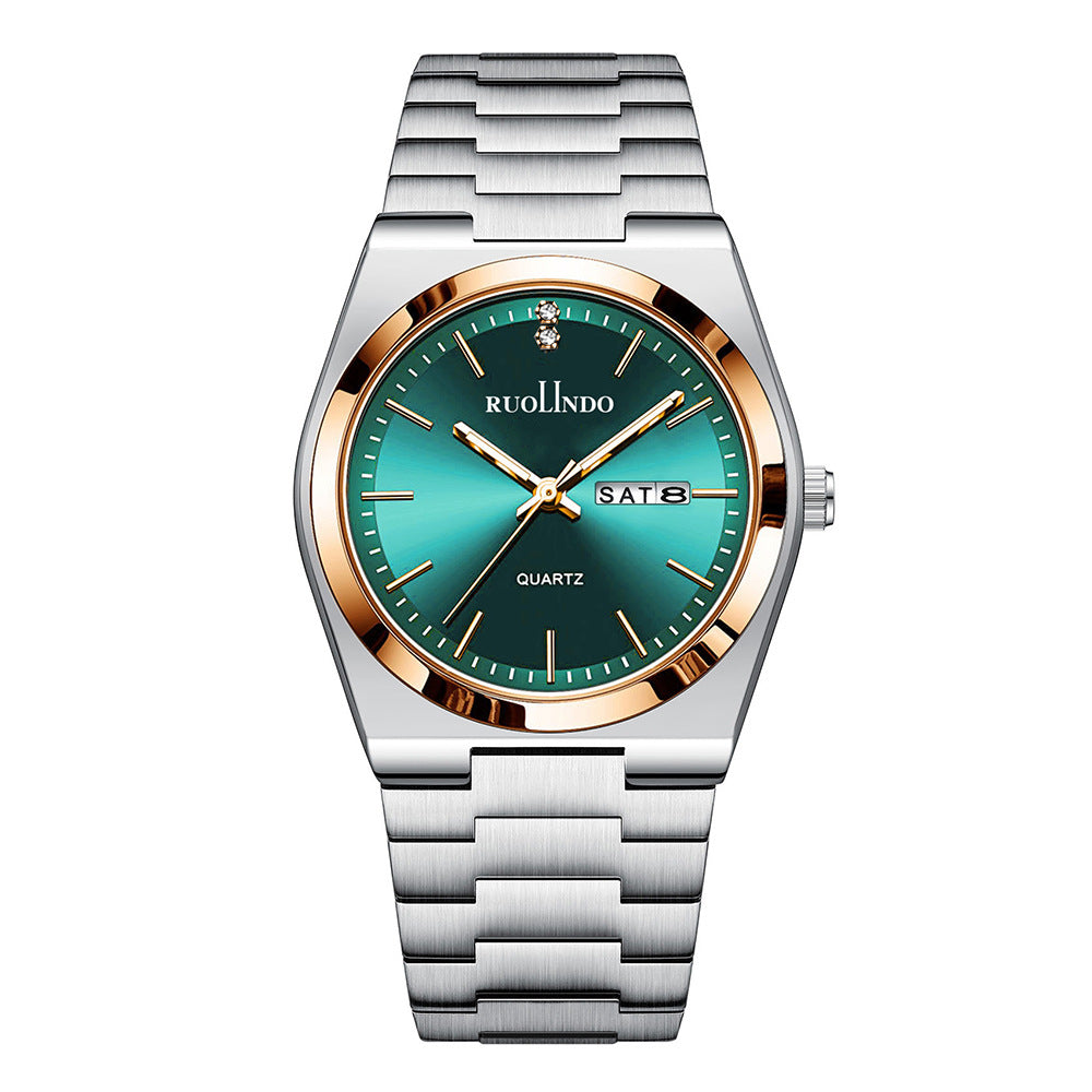 RUOLINDO Rose Gold Blue Men's Watch Double Calendar Stainless Steel.
