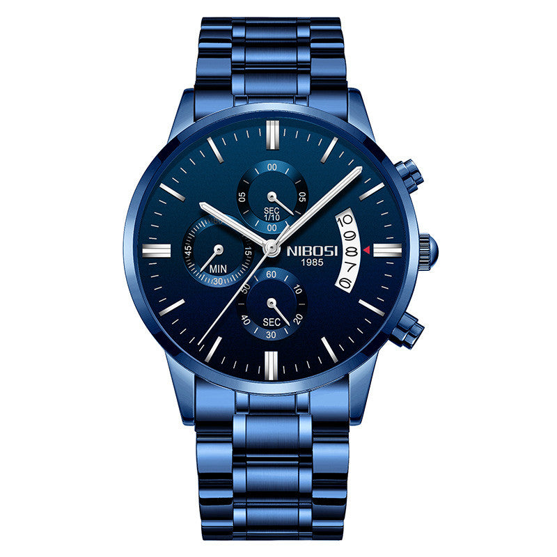 NIBOSI 1985 men's quartz watch stainless steel 43mm premium design.