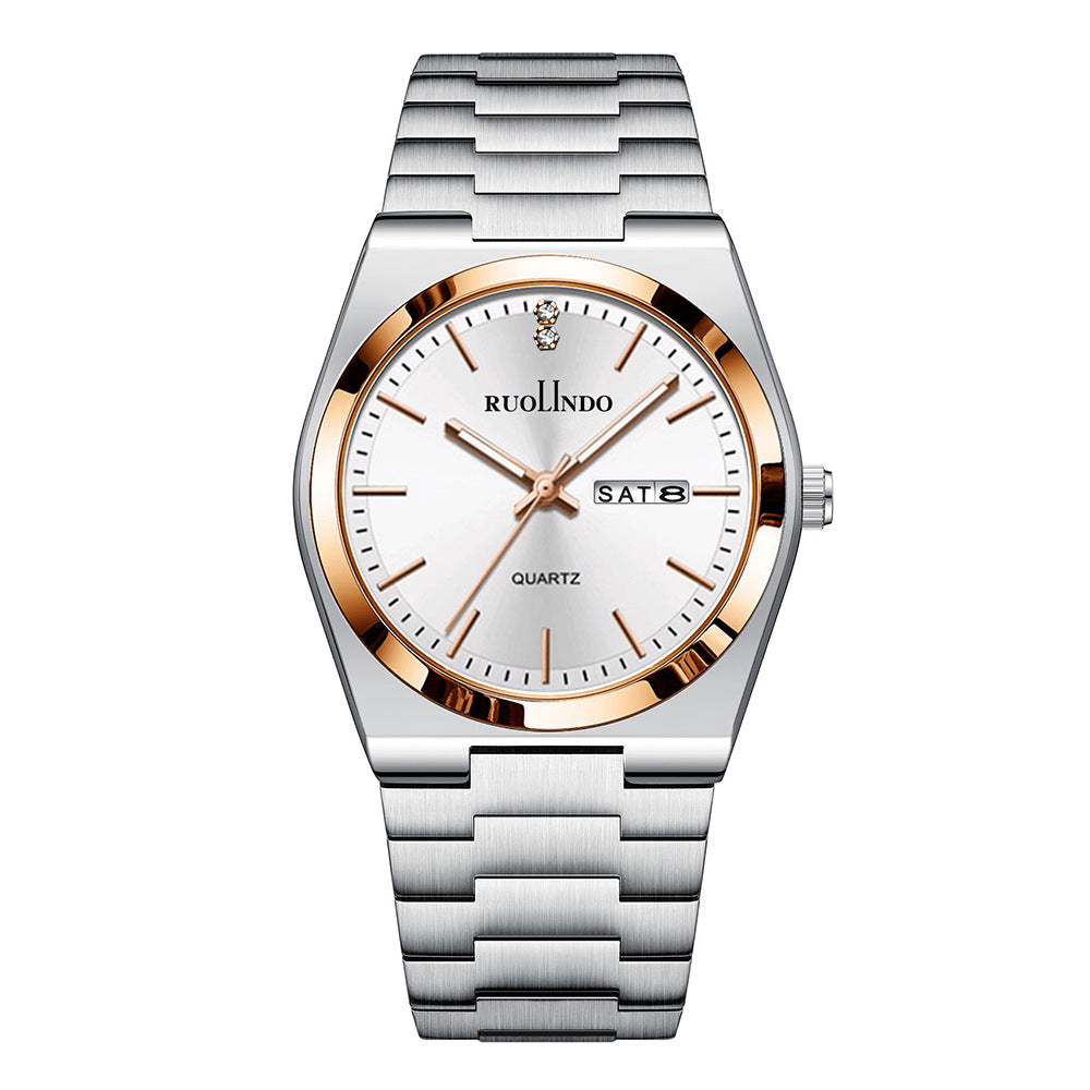 RUOLINDO Silver Blue Men's Watch Stainless Steel Double Calendar.
