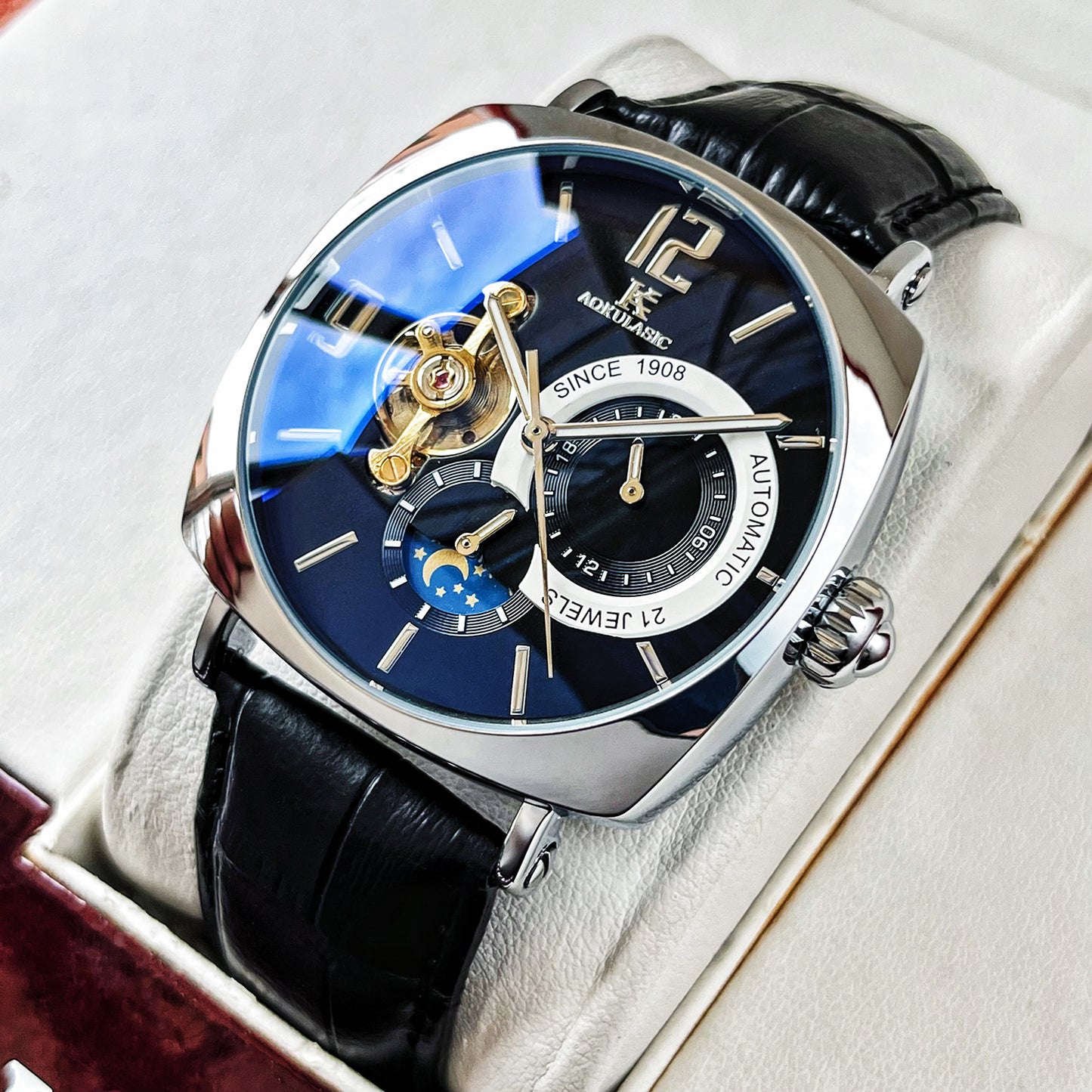 Men's square automatic watch rose gold case black dial leather strap luxury gift.
