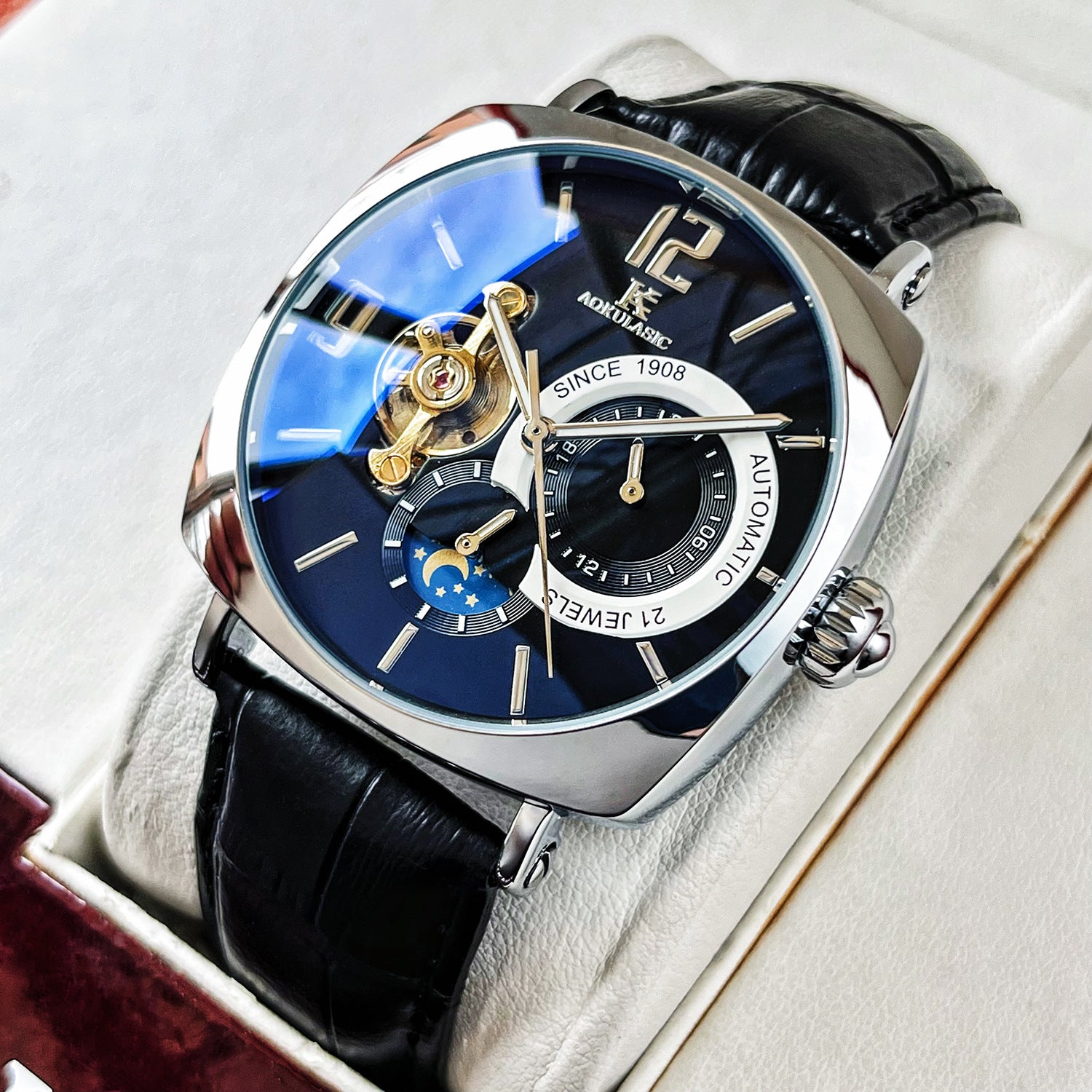 Men's square automatic watch rose gold case black dial leather strap luxury gift.
