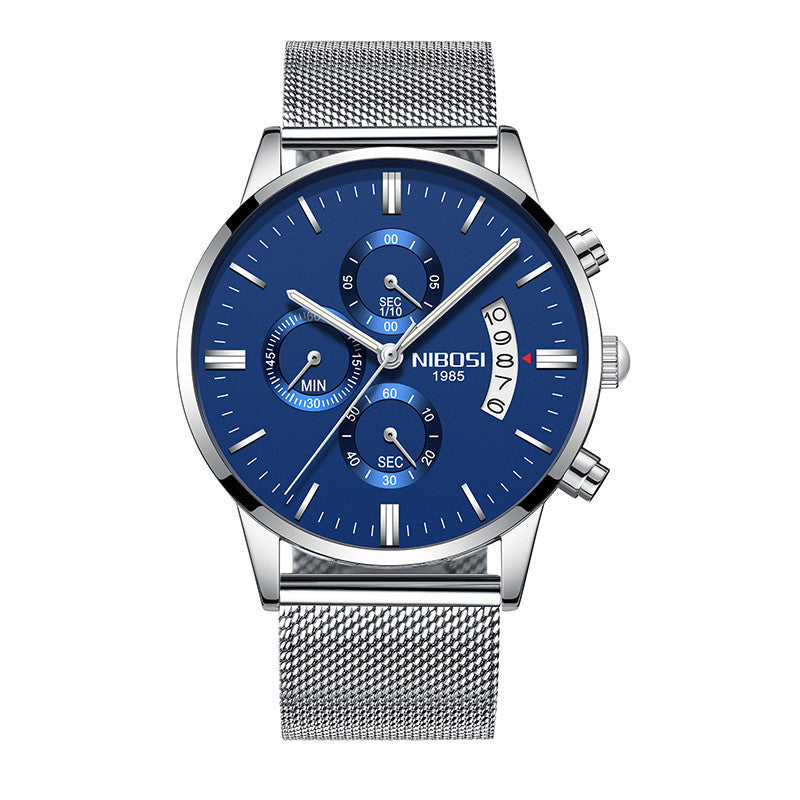 NIBOSI 1985 men's quartz watch stainless steel 43mm premium design.