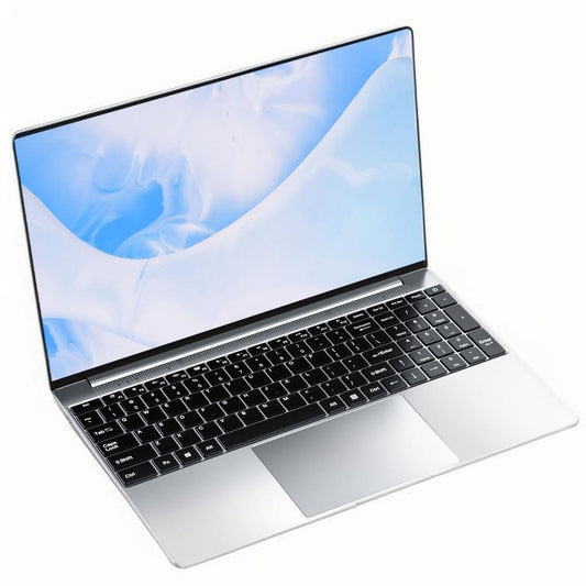 15.6 inch silver laptop Intel Core i7 – side view with anti-blue light display.

