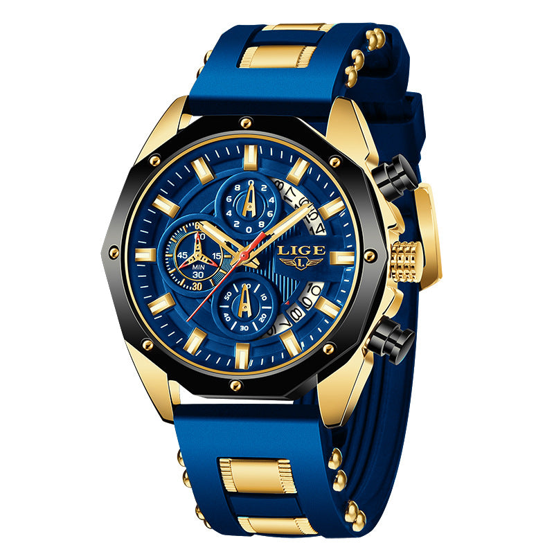 LIGE LG8908 sport chronograph watch blue dial gold case quartz luminous waterproof men's watch.
