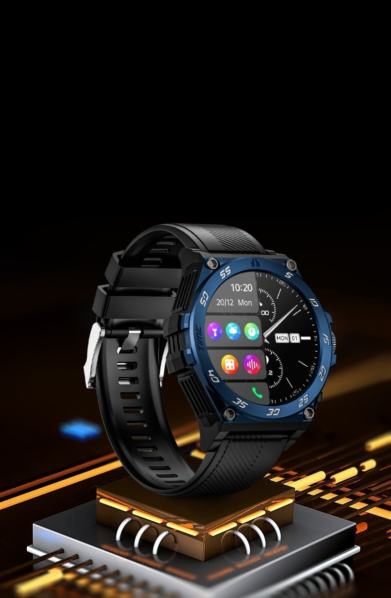 2-in-1 smartwatch with glowing blue LED detail and circuit board background.
