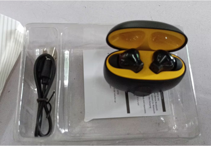 Black TWS earphones unboxing USB Type-C cable charging case accessories.