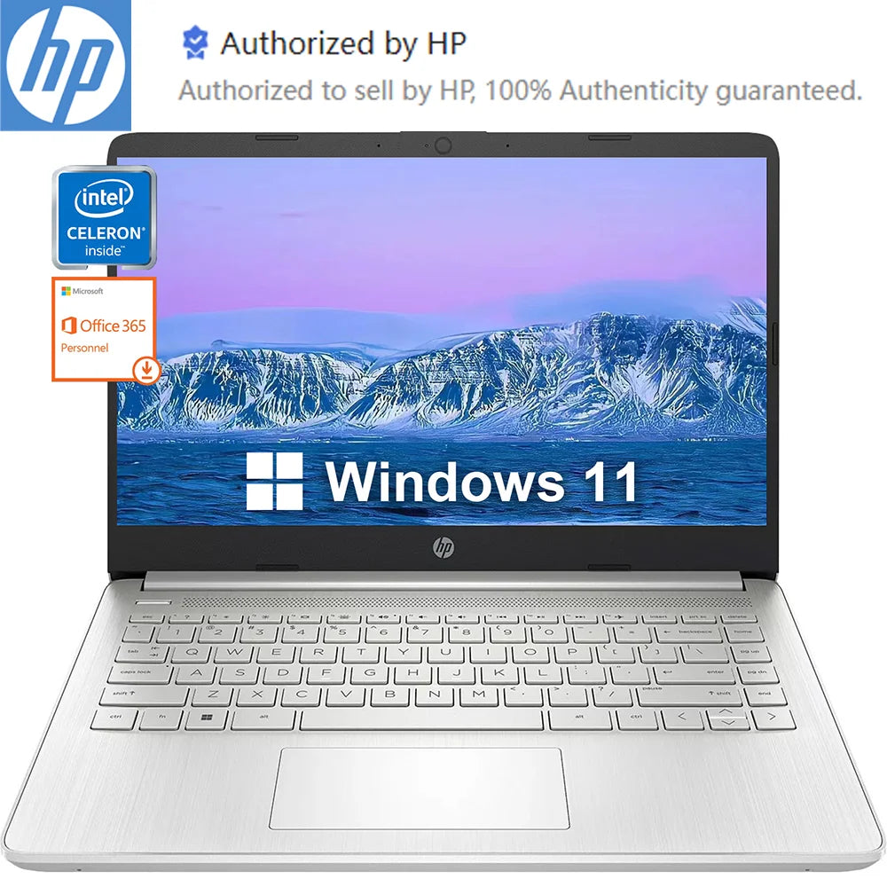 HP Stream 14 business laptop with Intel Celeron N4120 processor and Windows 11.

