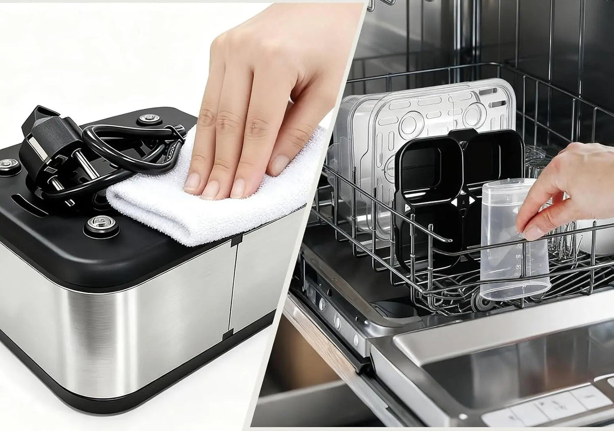 Electric egg cooker removable lid hand wash easy clean dishwasher safe parts.

