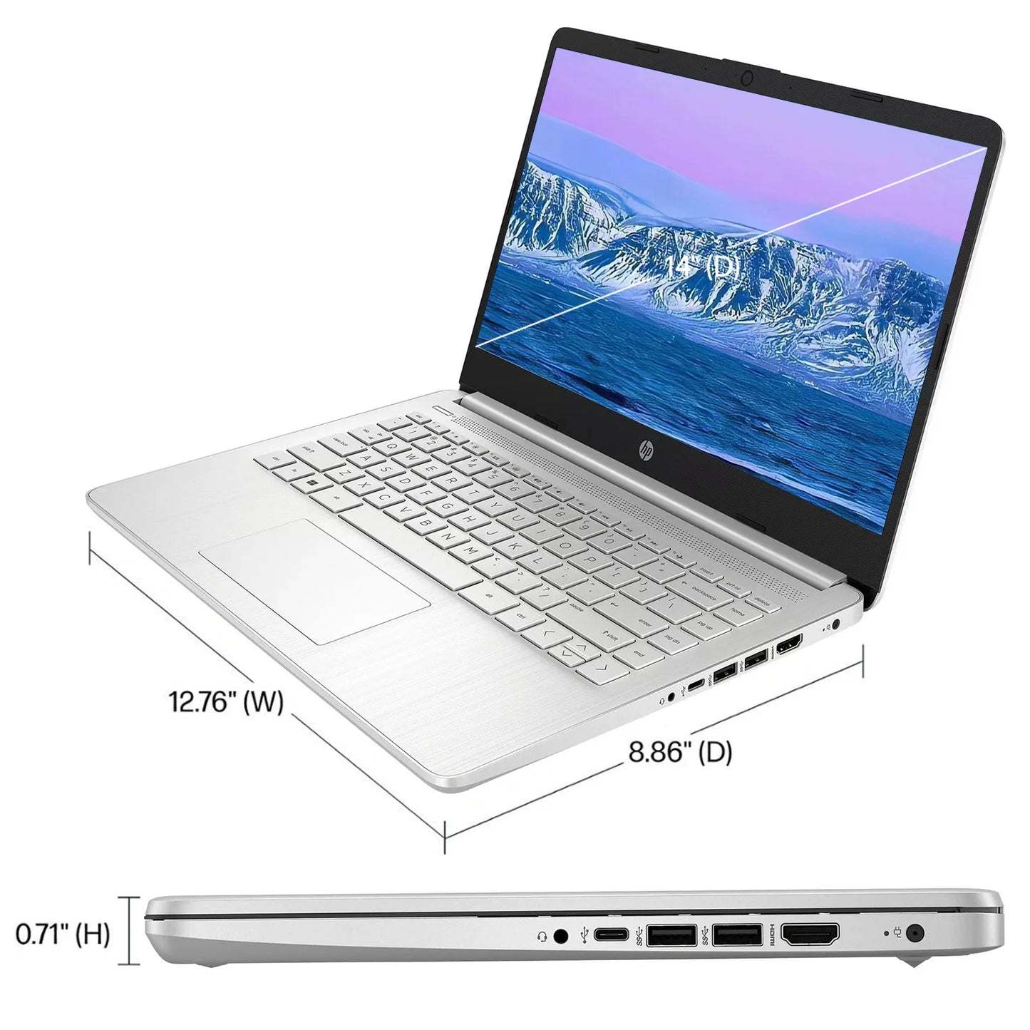 HP Stream 14 silver laptop showing full keyboard and 14-inch HD display.

