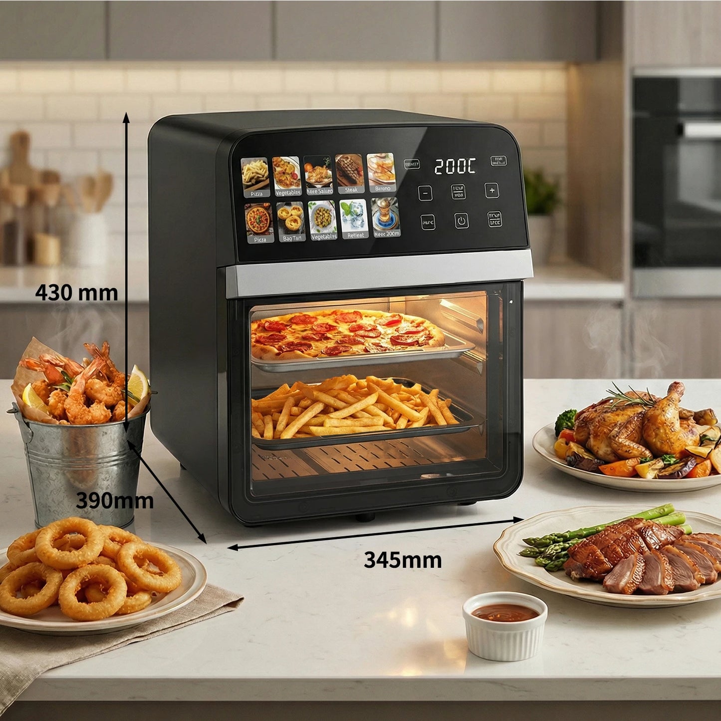  10L air fryer oven with pizza and roasted chicken – 11 preset programs.

