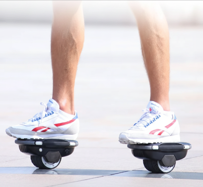 Self-balancing electric unicycle shoes black with blue LED lights – pair view.
