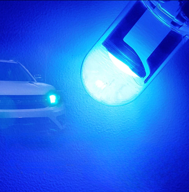 T10 COB LED blue bulb installed in car.
