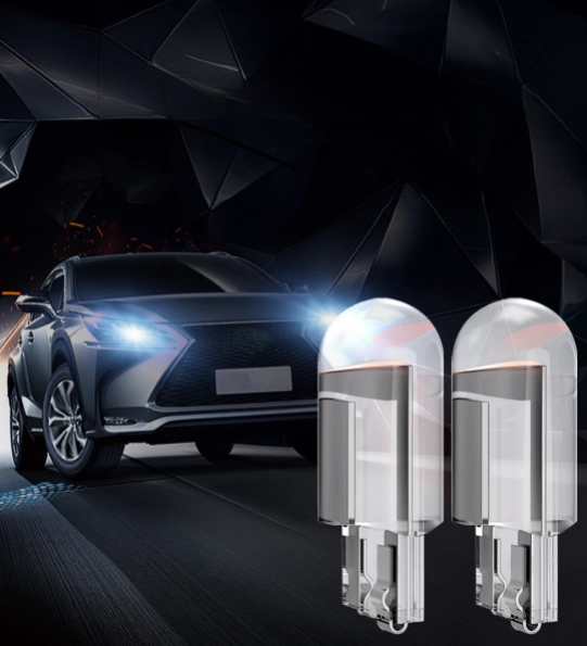 T10 W5W LED bulb pair transparent housing.
