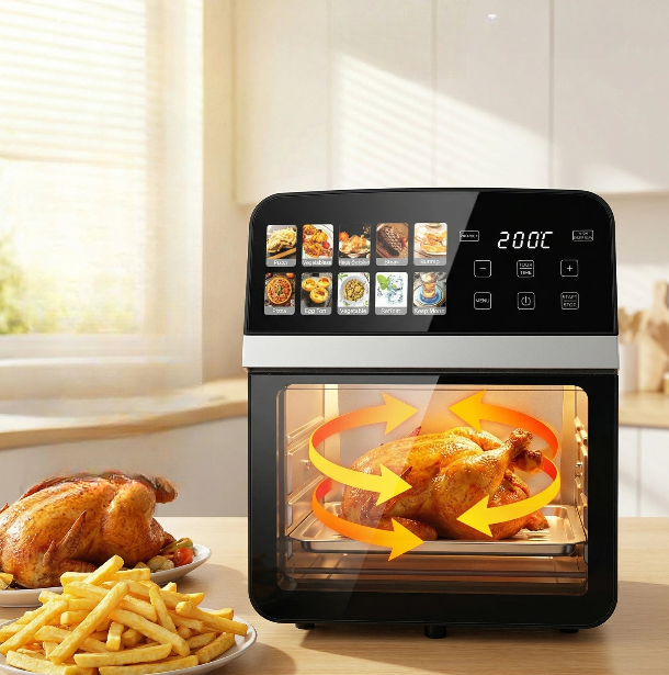 Air fryer oven roasting whole chicken – 360° hot air circulation technology.

