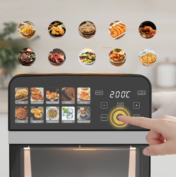Air fryer touch screen with 11 cooking programs – adjustable 80-200°C temperature.

