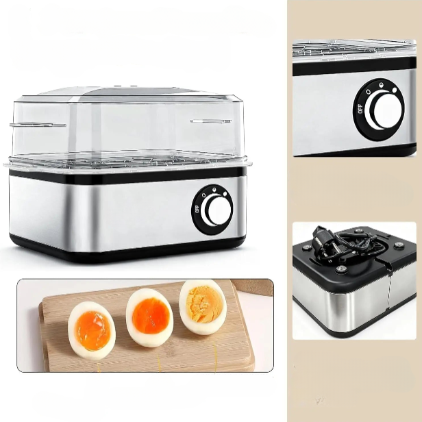 Electric egg cooker compact and large model comparison stainless steel kitchen.

