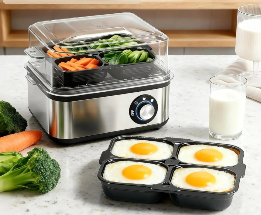 Electric steam cooker eggs and vegetables healthy cooking steamer kitchen appliance.

