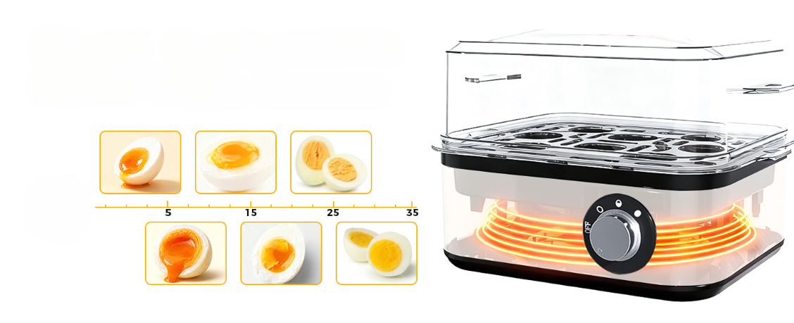 Egg cooker cooking modes soft medium hard boiled poached omelette functions.

