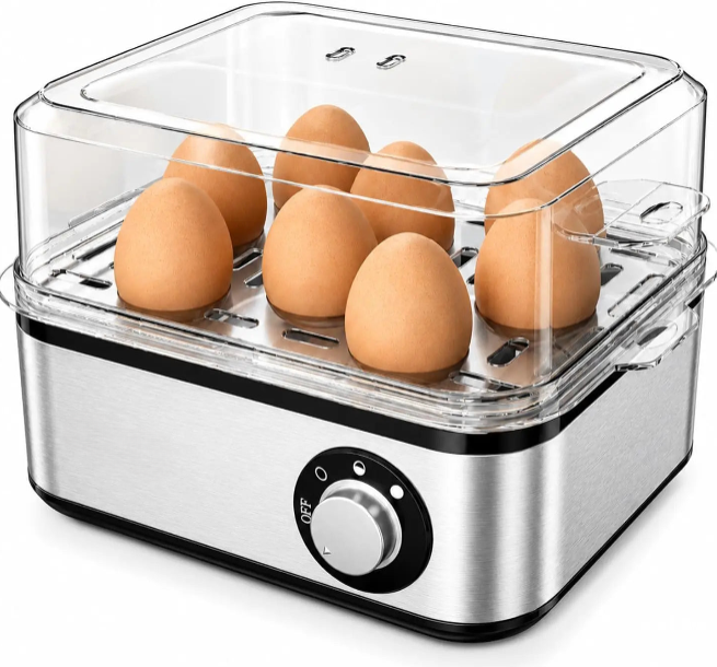 Electric egg cooker 8 eggs stainless steel transparent lid steam kitchen appliance.

