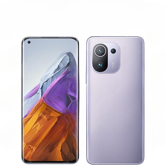 Curved smartphone front and back view UV glass screen protector compatible purple grey.

