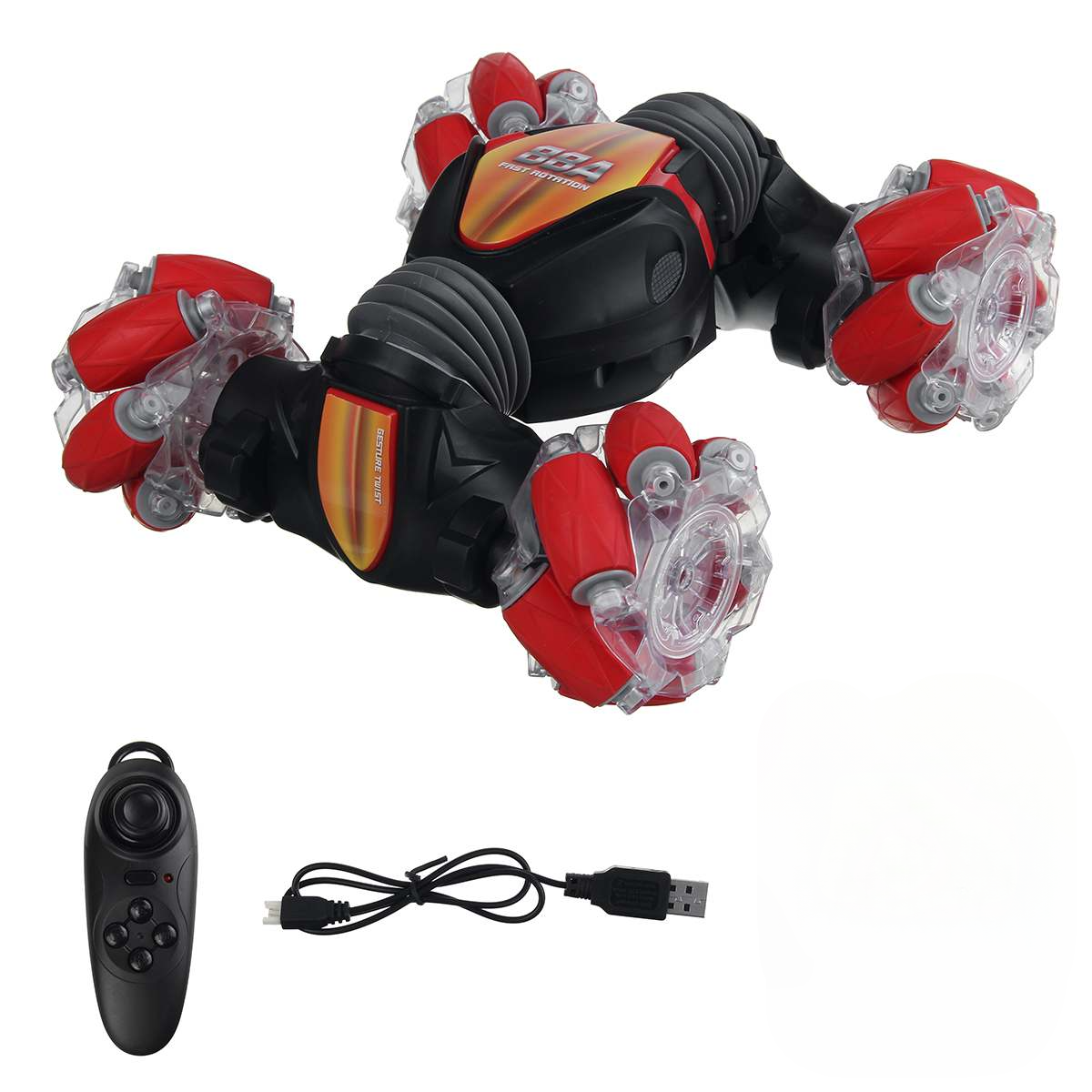 
Red 4WD RC car with gesture control - front view showing all-terrain wheels.