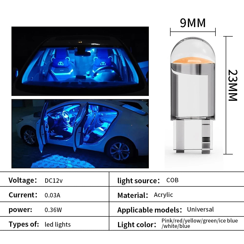 T10 LED bulb specs: voltage DC12V, power 0.36W, 100LM.
