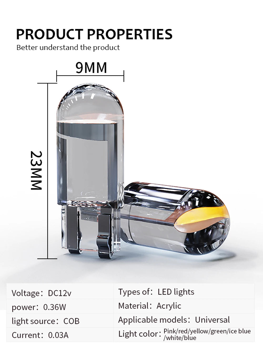T10 W5W COB LED bulb product properties: 9mm x 23mm, DC12V, 0.36W, COB light source.