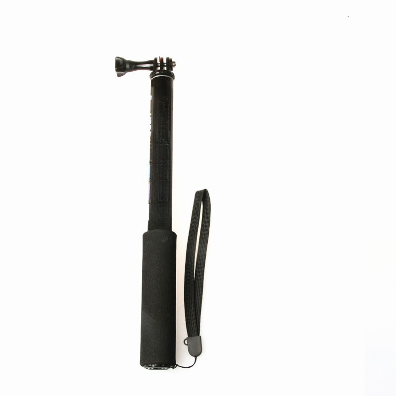 Selfie stick monopod with action camera mount adapter.


