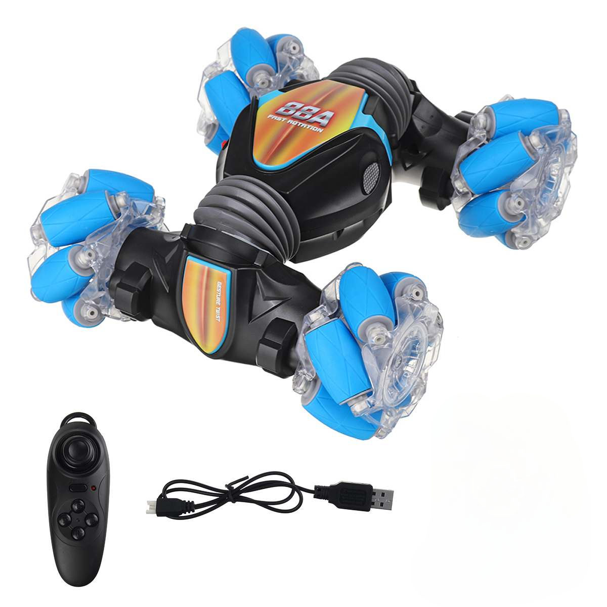 4WD all-terrain RC vehicle with LED light effects and music system.