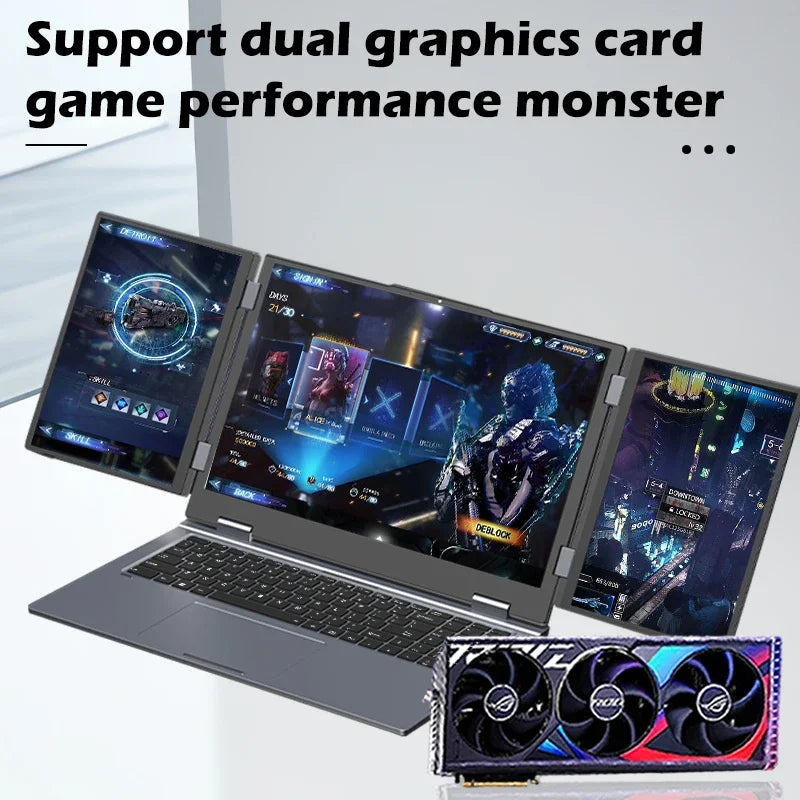 Triple monitor laptop SZBOX MAX16 open showing full screen configuration.
